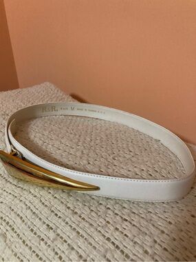 R&R ROC #8591 Women's White Leather Belt Gold Tone Buckle Size Medium
